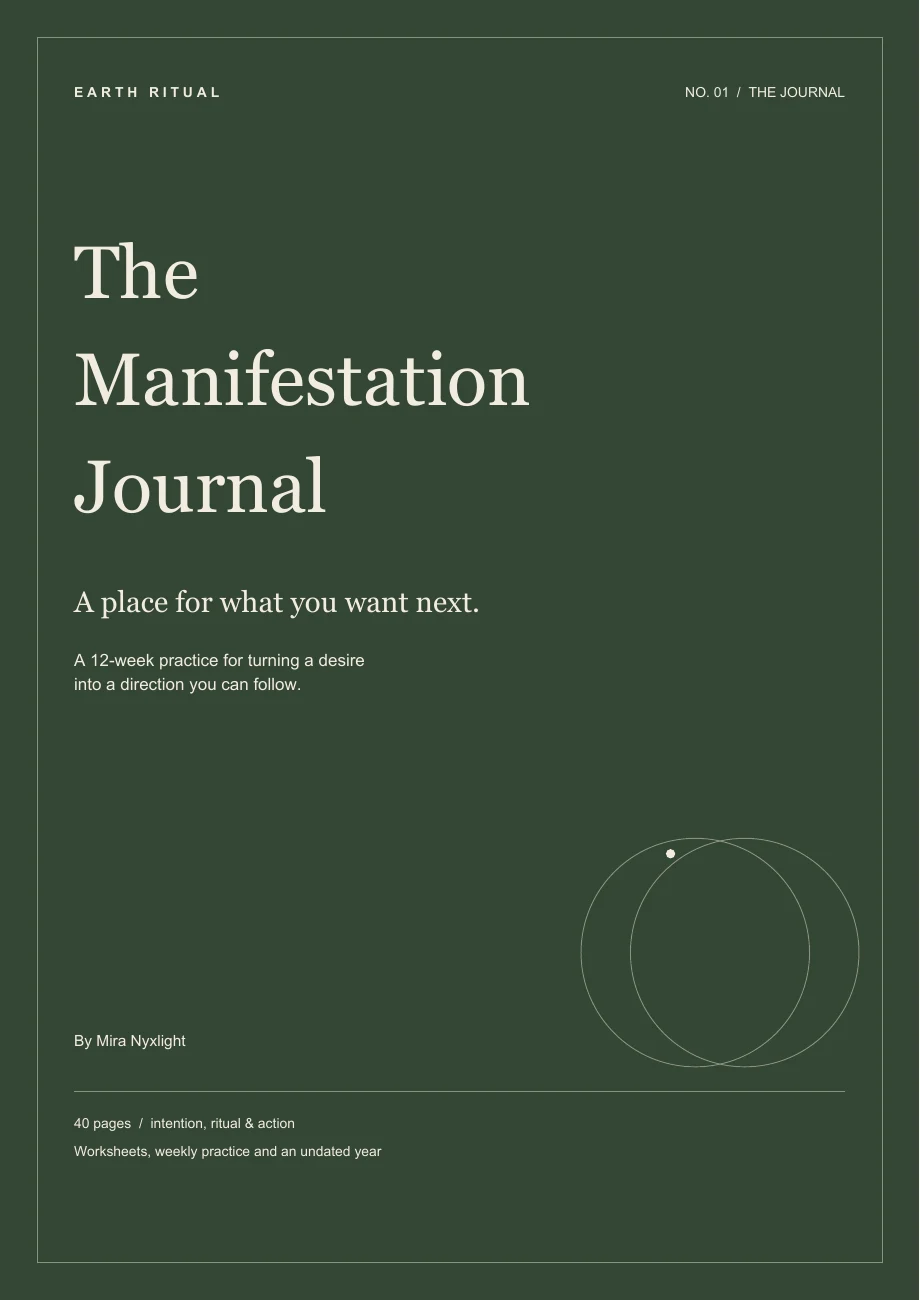 Actual cover of The Manifestation Journal, an olive green workbook by Mira Nyxlight
